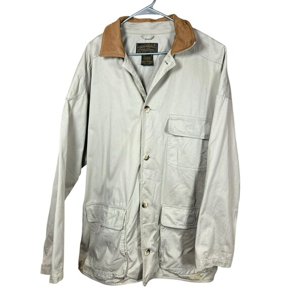 VTG Men’s Eddie Bauer Khaki Chore Barn Coat Sz XL Relaxed Genuine Leather Cargo - Picture 1 of 14